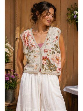 VTG Floral Embroidered Cotton Ramie Linen Sweater Vest Petite Large Cottagecore